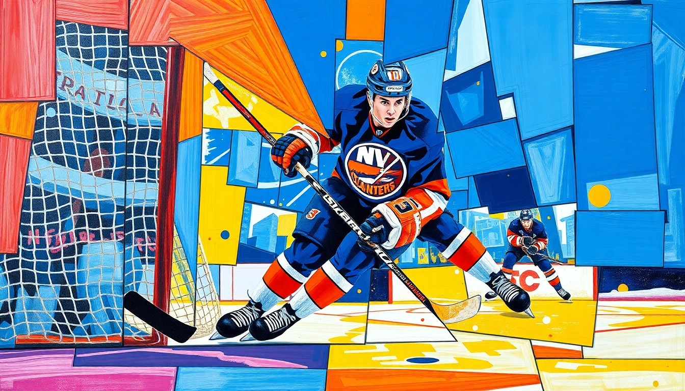 A cubist, geometric painting depicting a hockey player scoring a goal, with the player's form broken down into sharp, overlapping planes of blue, orange, and white, capturing the dynamic movement and energy of the moment.