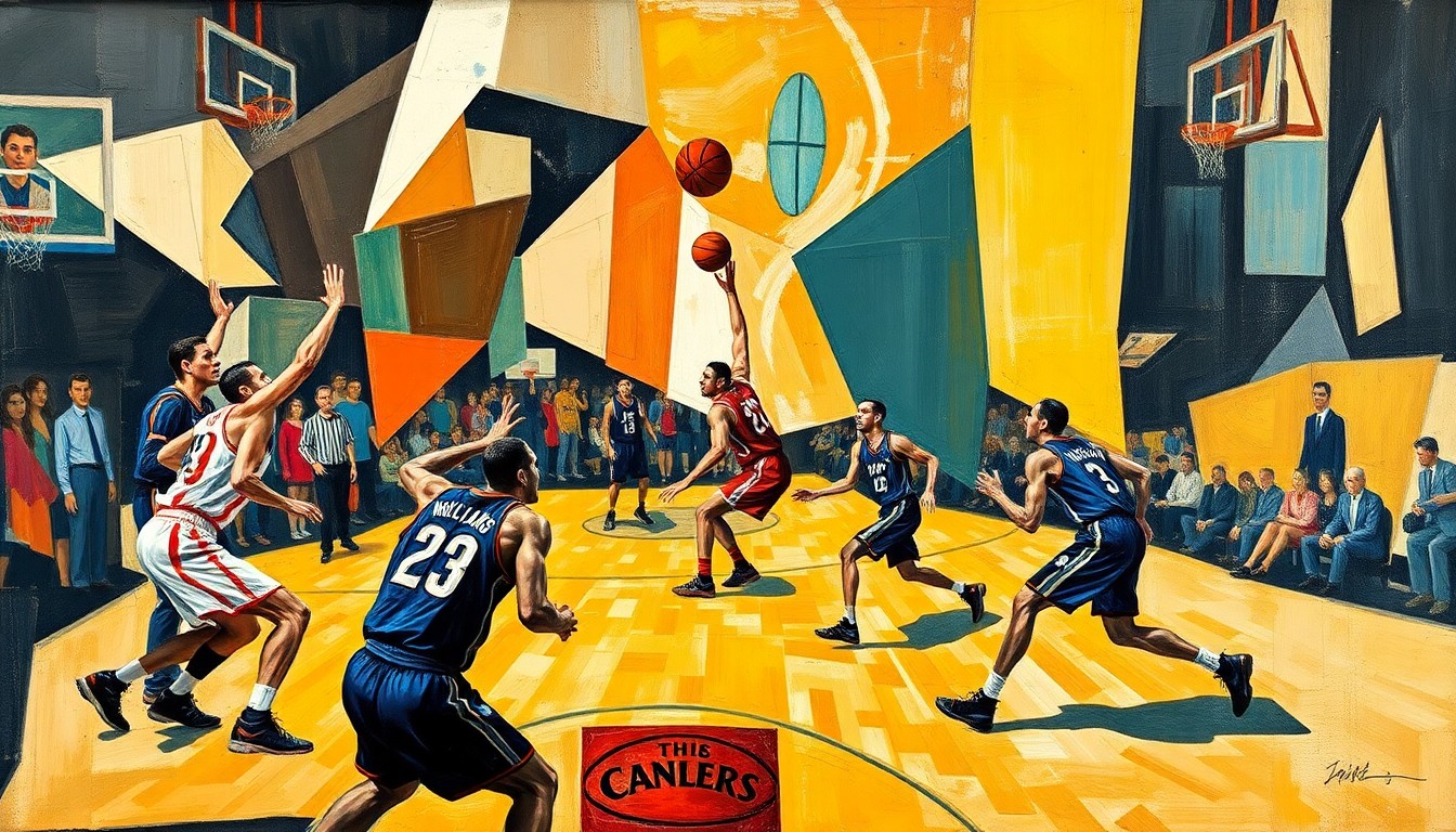 A cubist-style painting depicting a basketball game, with the players' forms broken down into sharp, overlapping geometric shapes and planes in a vibrant color palette, capturing the energy and intensity of the match.
