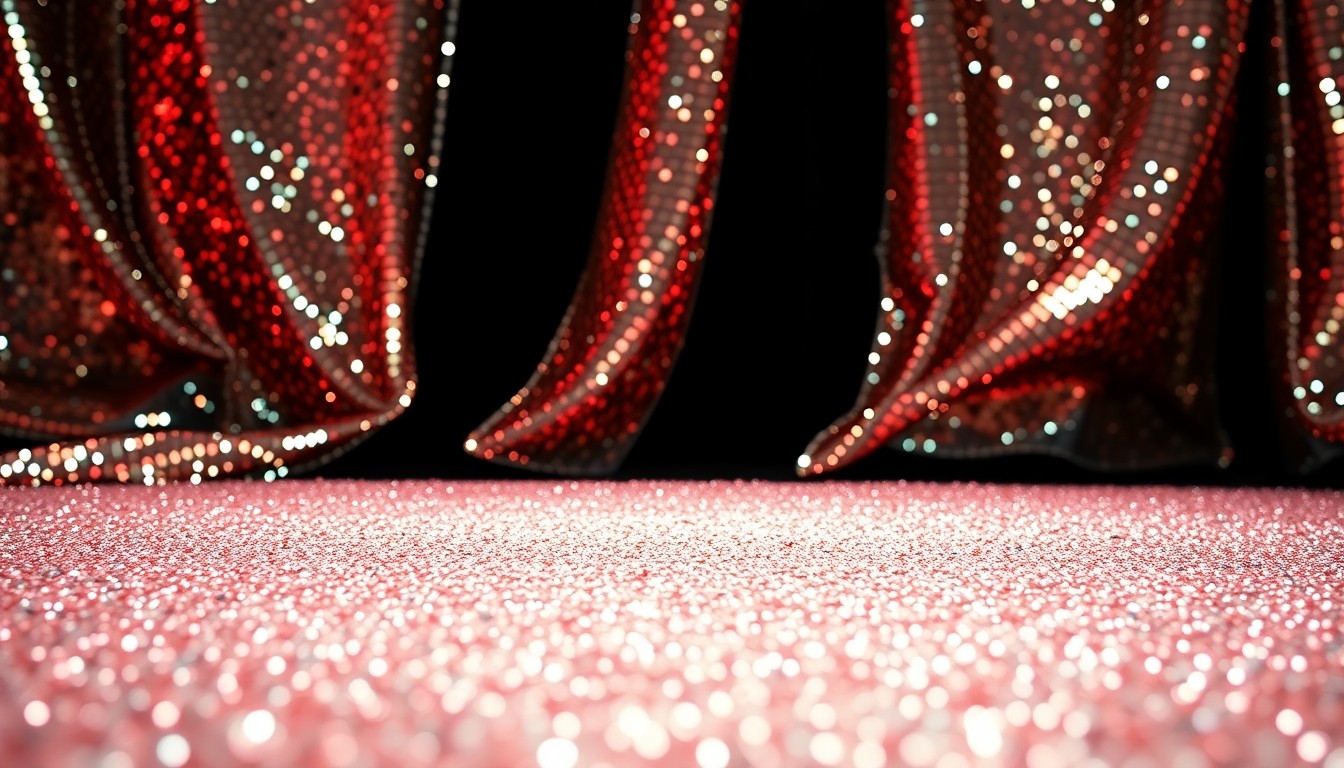 An extreme close-up of glittering sequins and shattered disco glass, capturing the high-fashion glamour and materiality associated with celebrity culture.