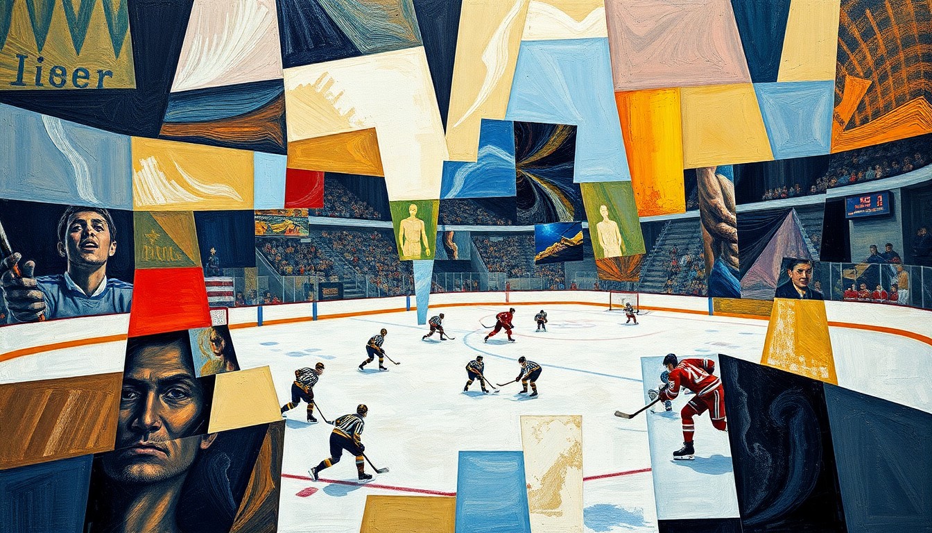 A cubist, geometric painting depicting a hockey game broken down into overlapping, angular shapes and planes, conceptually representing the complex factors at play in the penalty box door incident.