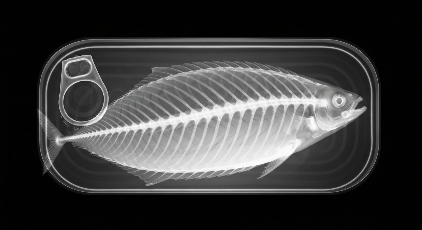 A ghostly, translucent X-ray photograph showcasing the internal structure of a canned tuna product, highlighting the nuanced health and sustainability factors at play with this common protein source.