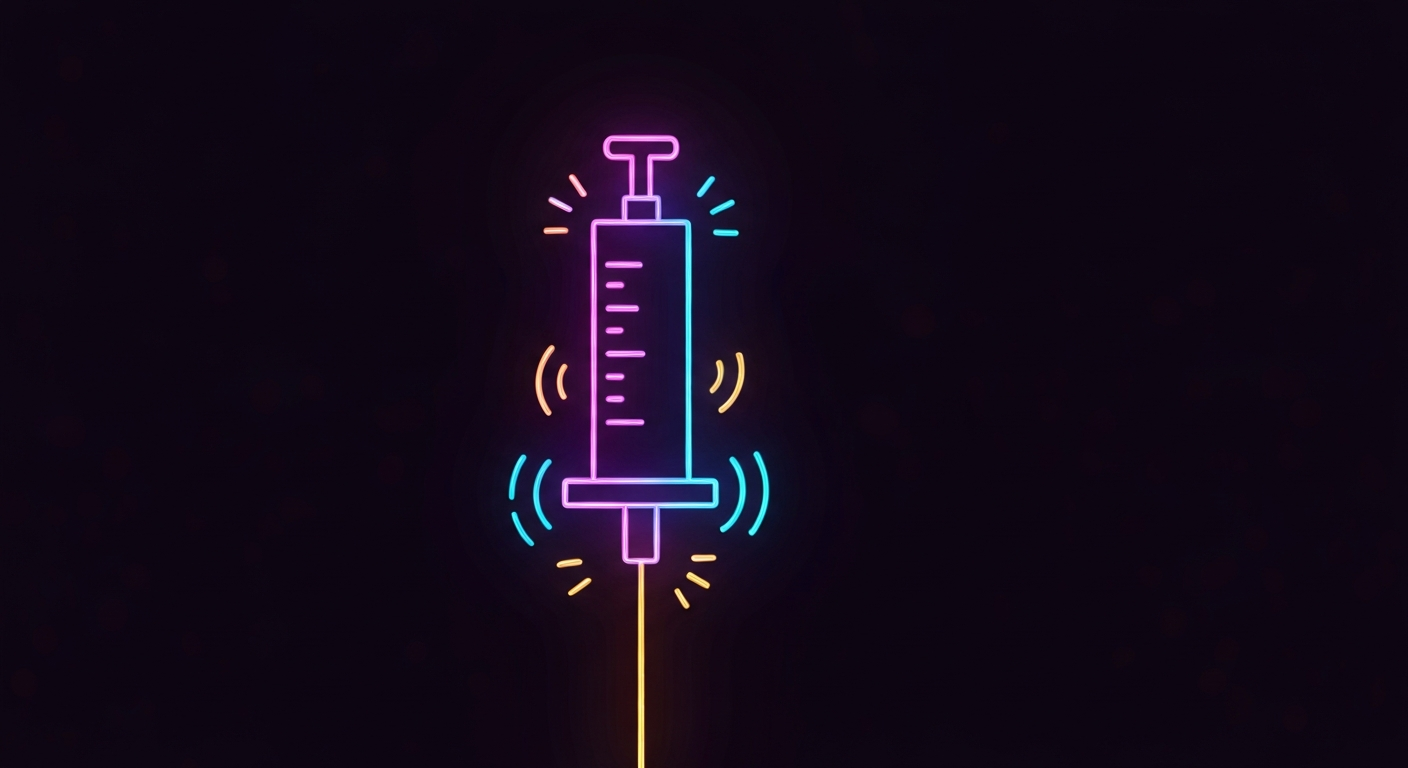 A glowing, vibrant neon outline of a medical syringe or IV drip against a dark background, conceptually representing the essential tools of cancer treatment in remote regions.