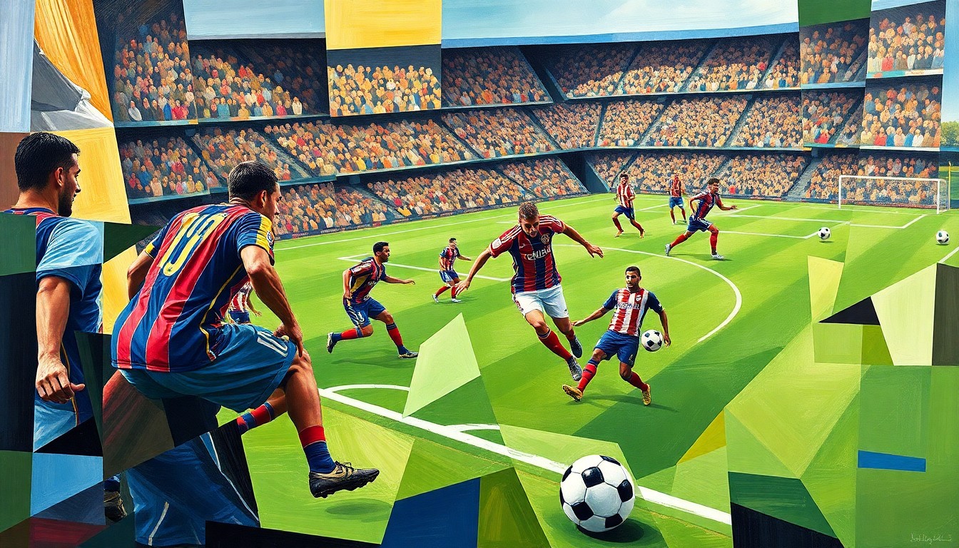 A cubist-style painting depicting a soccer match between Barcelona and Atlético Madrid, with the players' movements and the intensity of the game captured through sharp, overlapping geometric planes in a vibrant color palette.