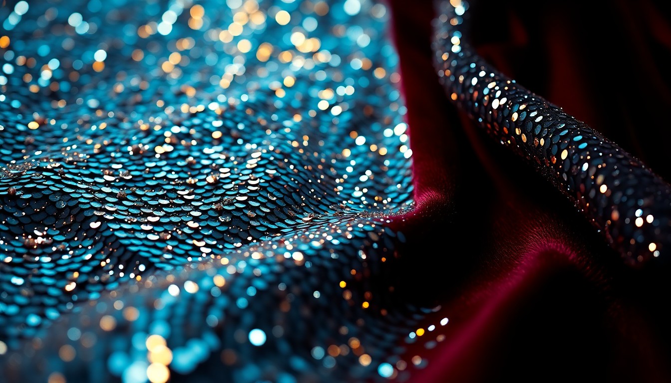 An extreme close-up of shimmering, high-contrast sequins and glittering glass fragments, conceptually representing the glamour and high-stakes drama of the late-night TV industry.