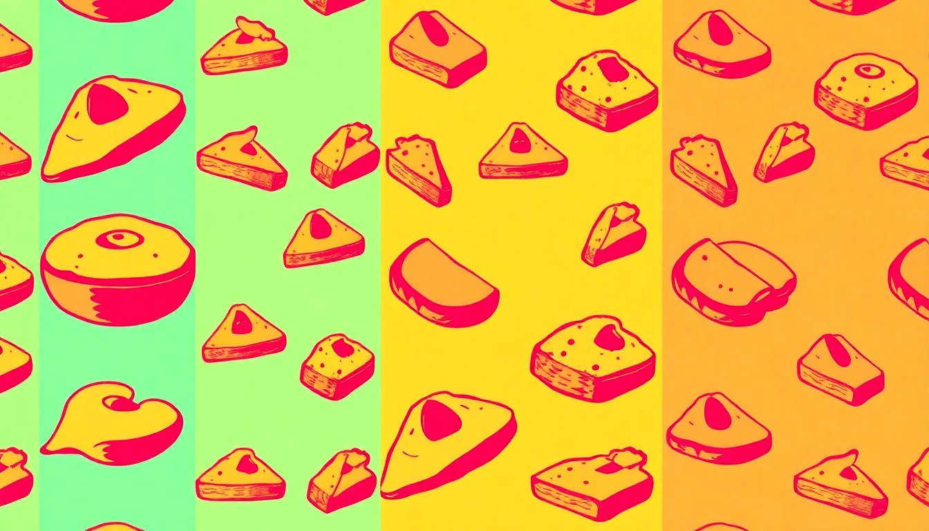 A high-contrast, silkscreen-style illustration of a single, iconic Thanksgiving food item repeated in a tight grid pattern, rendered in vibrant neon colors and heavy black outlines to capture the pop art aesthetic.