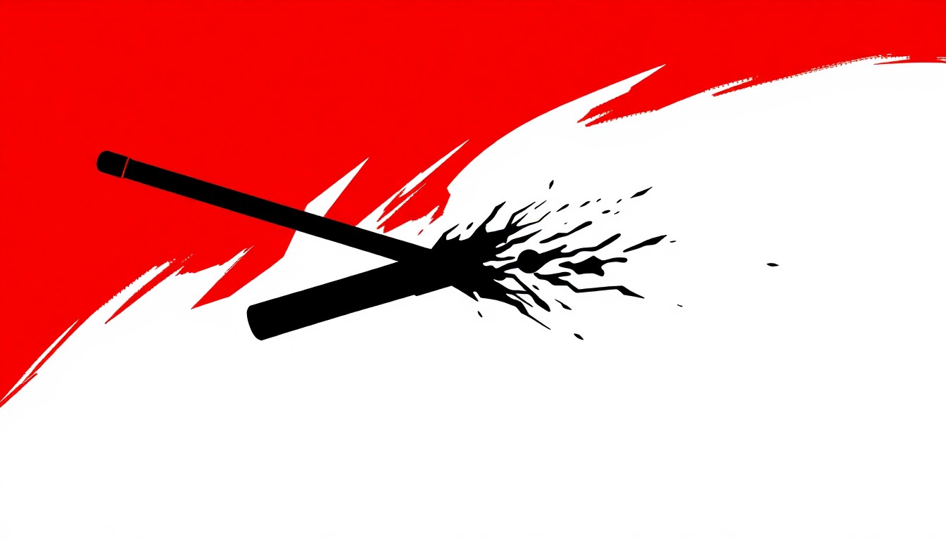 A bold, abstract illustration featuring a black silhouette of a pool cue morphing into a weapon, set against a high-contrast background of deep red and white. The image conceptually represents the blending of personal stories and national narratives explored in the acclaimed theater production Black Watch.