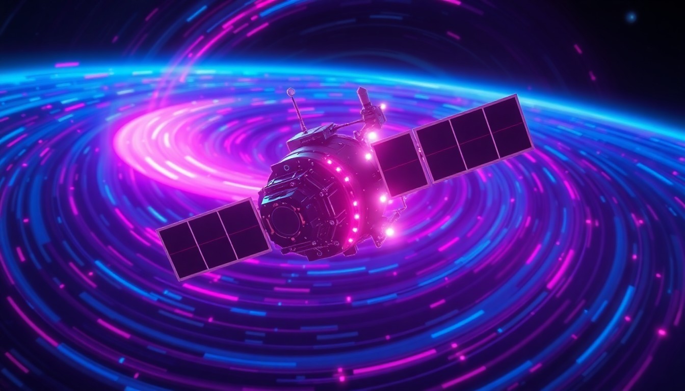 A highly detailed, glowing 3D macro illustration of a Starlink satellite in orbit, surrounded by a swirling field of neon cyan and magenta lights representing the satellite's communication systems and the release of 'low velocity objects.' The image conveys the technical complexity and high-stakes nature of managing a vast satellite network in space.