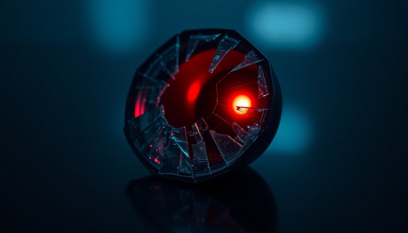 An extreme close-up of a shattered car sensor lens reflecting a faint red light, conceptually illustrating the vandalism of self-driving cars.