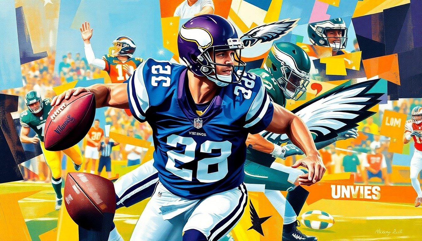 A fragmented, geometric painting depicting the dynamic movements of a football player, with sharp planes of color representing the uniforms of the Vikings and Eagles teams.