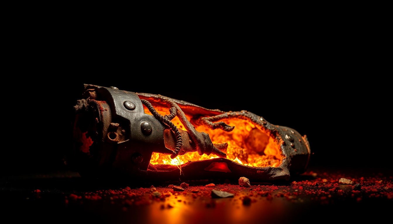 An extreme close-up photograph of a charred, twisted metal object, conceptually illustrating the devastation left behind by a deadly fire.