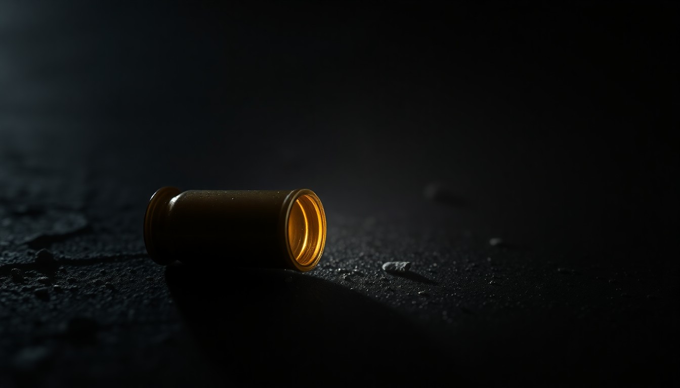 An extreme close-up photograph of a single spent shell casing on a dark, textured surface, lit by a harsh, direct camera flash, conceptually representing the gritty aftermath of a violent incident.