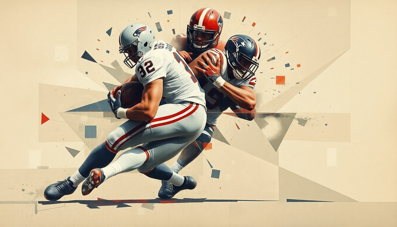 A cubist, geometric painting depicting the fractured, multi-angled movements of a football player making a tackle or sack, with muted earth tones and flashes of team colors, conveying the complex and high-pressure nature of NFL front office decisions.