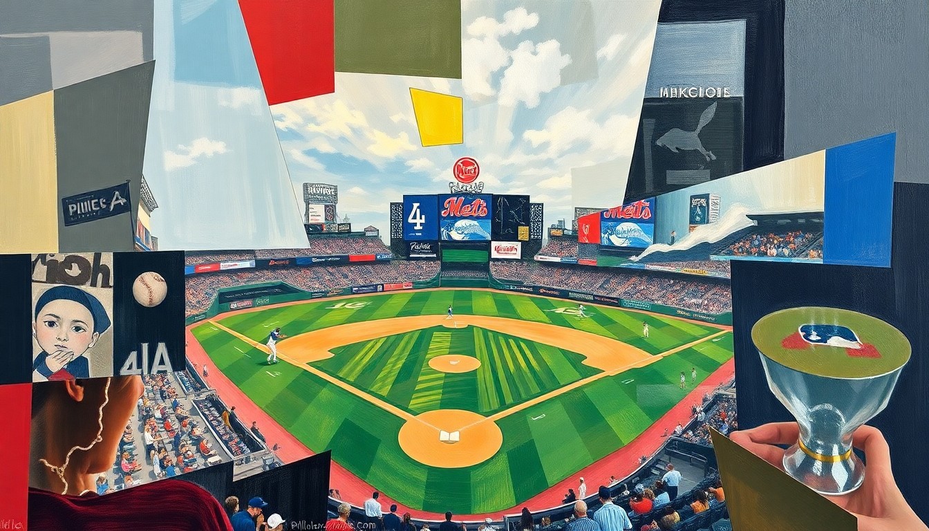 A cubist-style painting depicting a baseball game between the Phillies, Mets, and Braves, with the players and field broken down into sharp, overlapping geometric shapes and planes in a vibrant color palette.