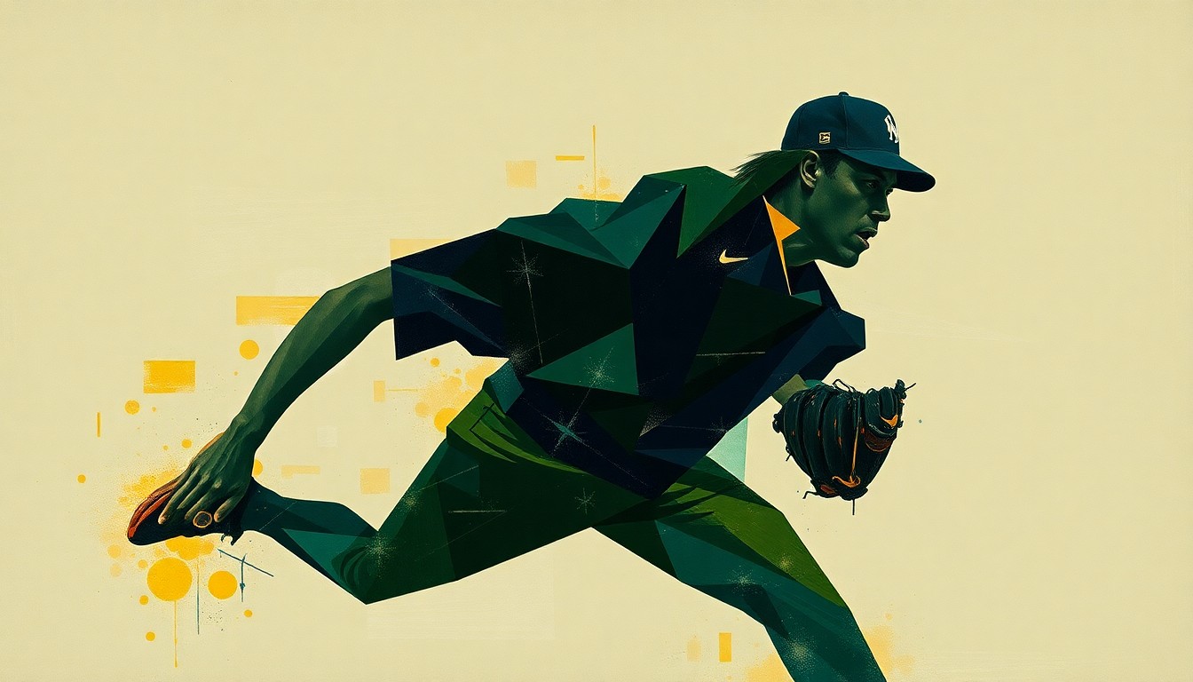 A fractured, cubist-style painting depicting the motion of a baseball pitcher, broken down into overlapping geometric shapes in muted tones of navy, green, and ochre, conceptually representing the challenges young players face in breaking into the major leagues.