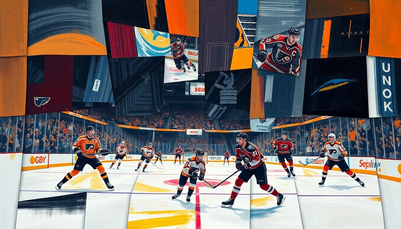 A cubist-style painting depicting a hockey game, with the players and the rink broken down into sharp, overlapping geometric shapes and planes in vibrant colors, conveying the intensity and dynamics of the match.