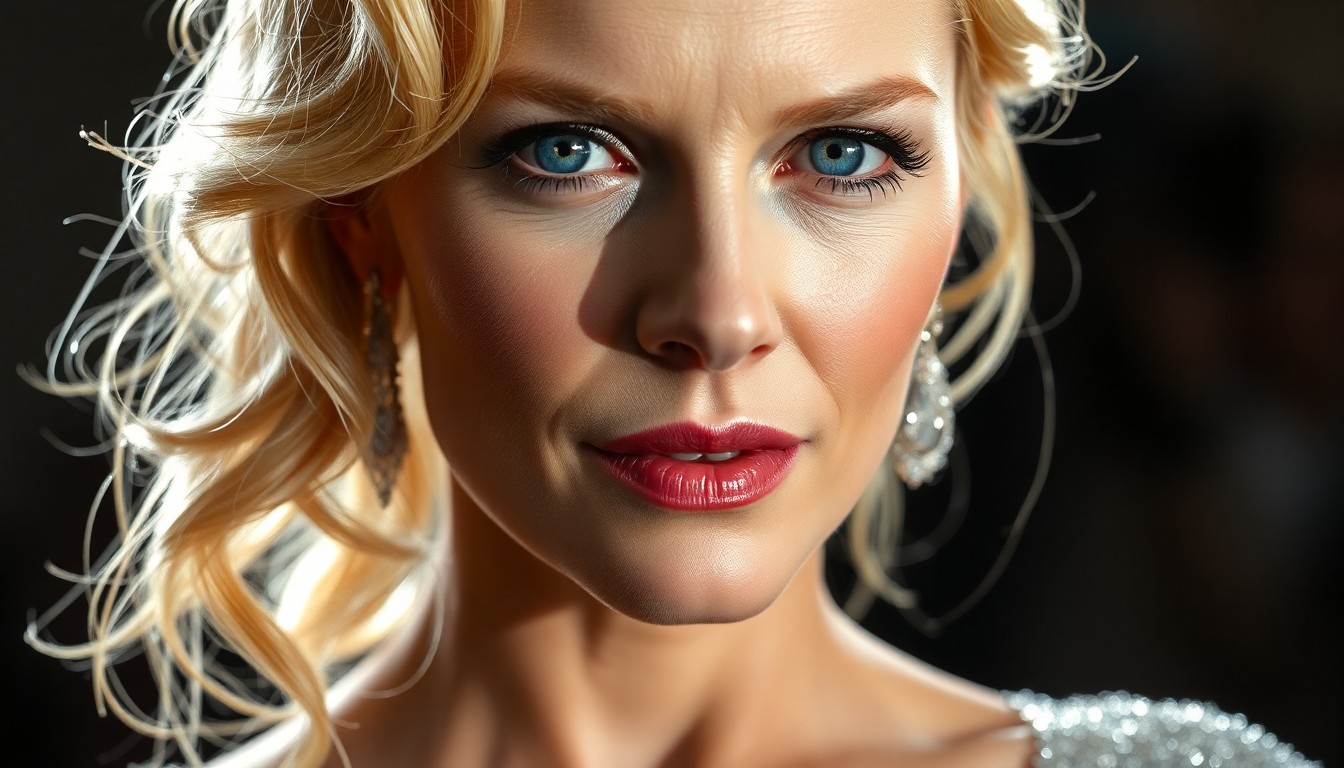 An abstract close-up photograph of shimmering silver fabric and glowing skin, conveying the glamour and radiance of the actress Nicole Kidman.