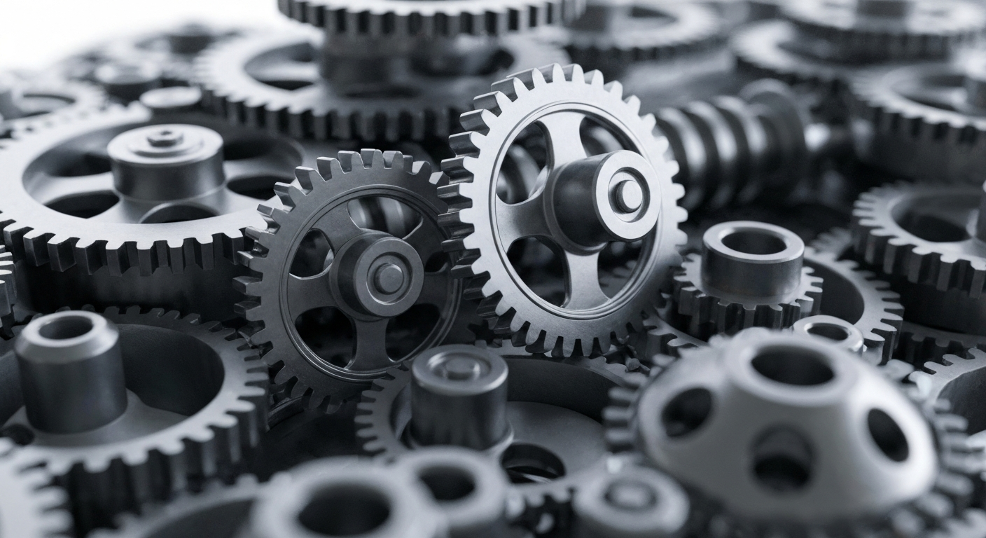 An extreme close-up of intricately designed metal gears and machinery, conveying the complex financial infrastructure of a publicly traded pharmaceutical company.