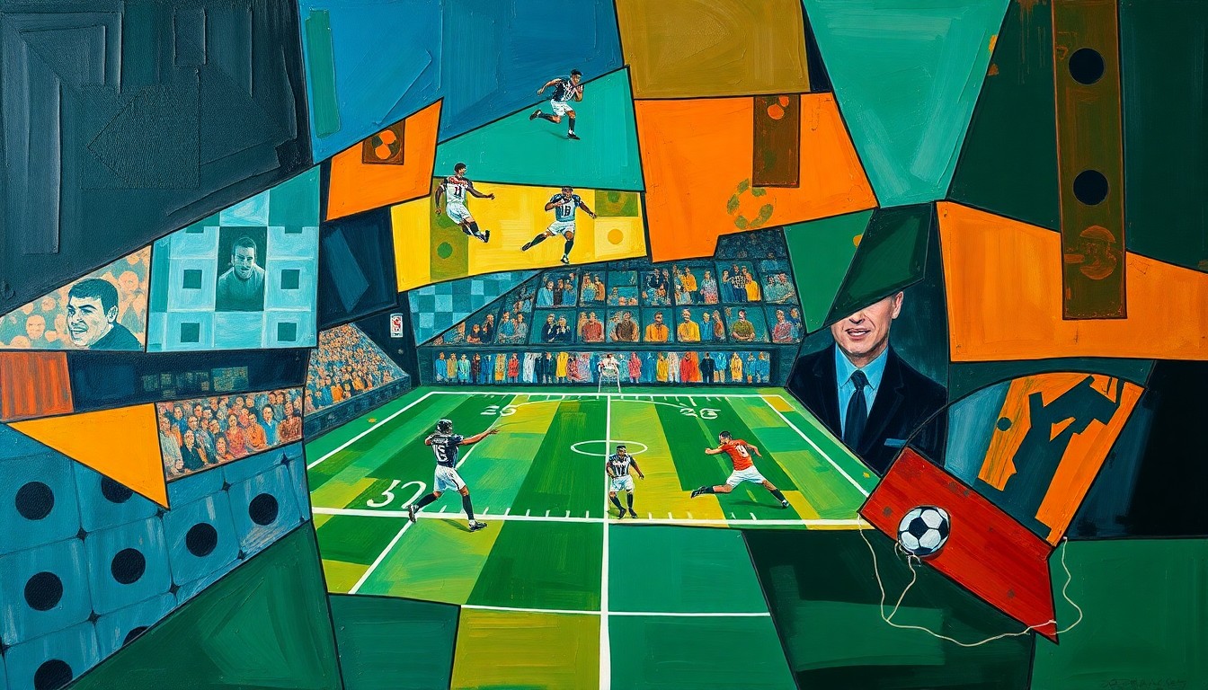 A cubist, geometric painting depicting a fragmented football game or competition, with sharp, overlapping planes of color representing the complex challenges facing the Philadelphia Eagles' front office this offseason.