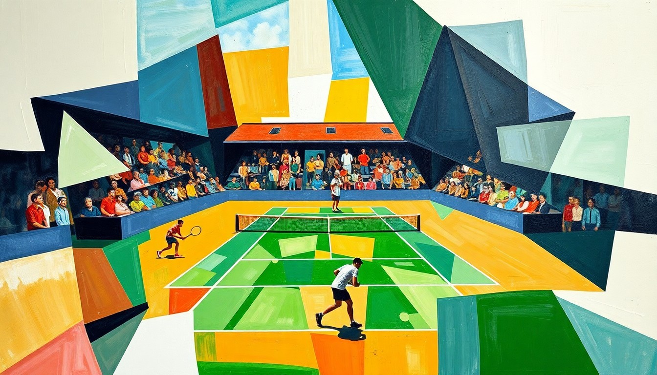 A cubist, geometric painting depicting a tennis match or competition, with the players and court broken down into abstract shapes and forms in vibrant colors, capturing the energy and intensity of the sport.