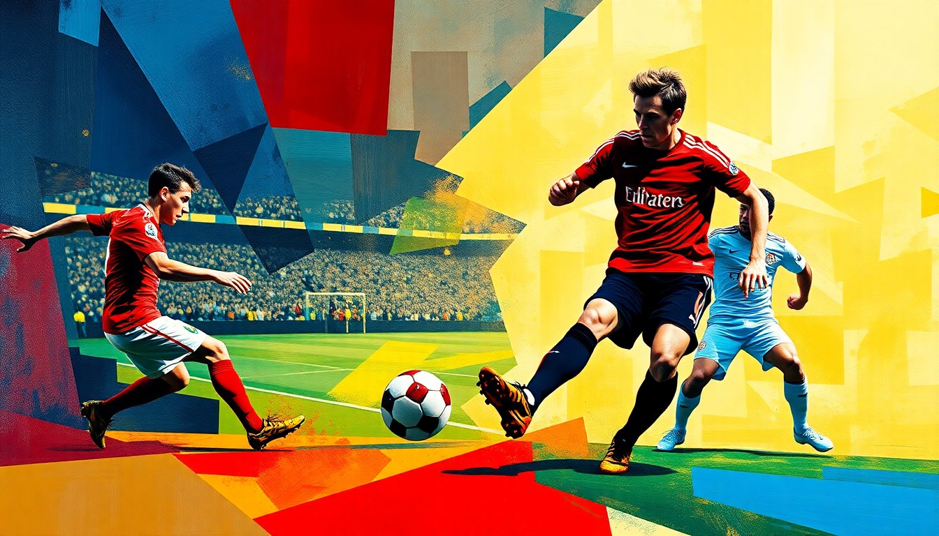 A fragmented, geometric painting in bold colors depicting the movements and interactions of soccer players on a field, representing the tactical and emotional intensity of a high-stakes match between two rival teams.