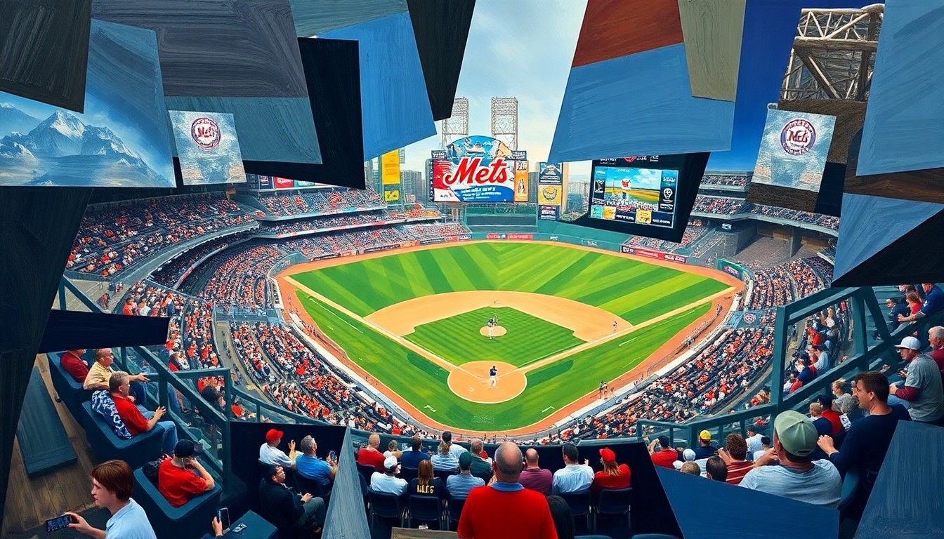 A cubist-style painting depicting a fragmented baseball game, with players and the field broken down into sharp, geometric shapes in a variety of bright colors, conceptually representing the Mets' challenge in finding the right corner outfield solution.