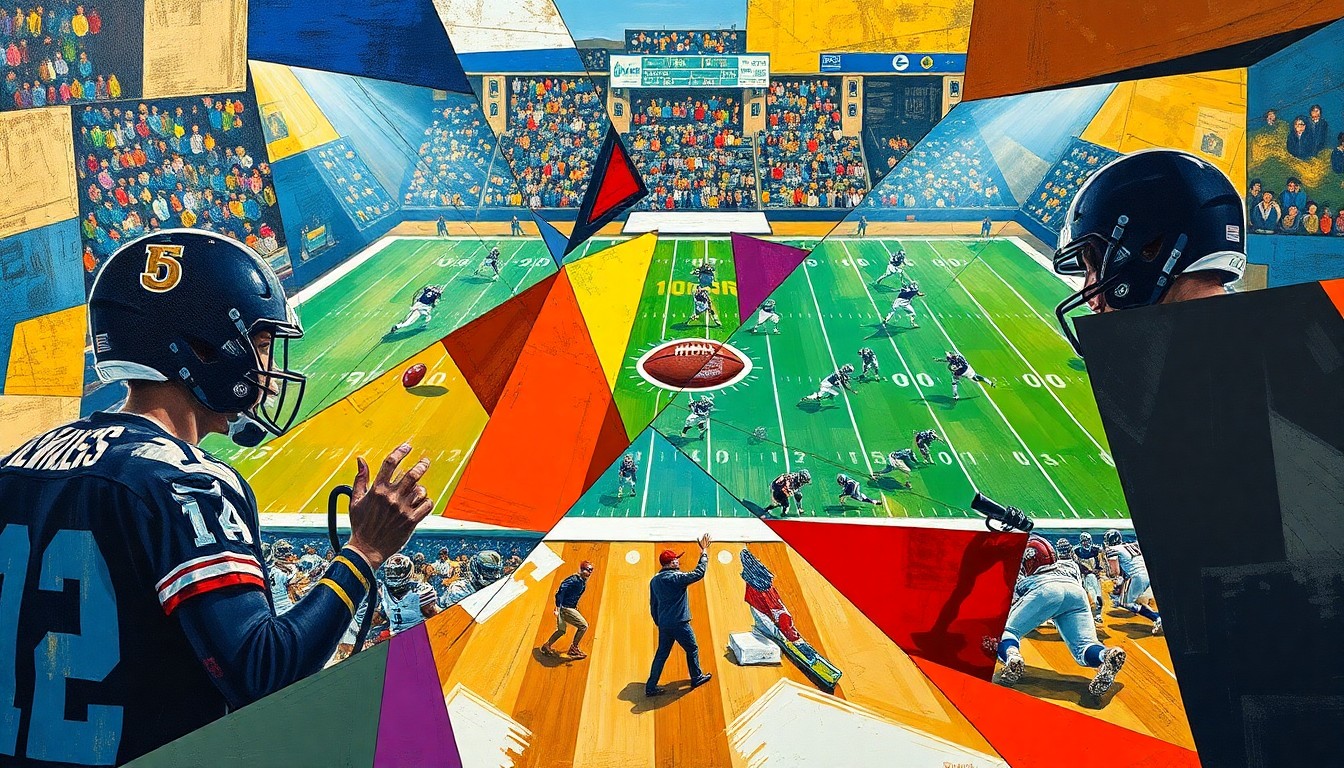 A cubist-style painting featuring fragmented, geometric shapes and planes representing a football game, symbolizing the complex dynamics between media, team operations, and the sport itself.