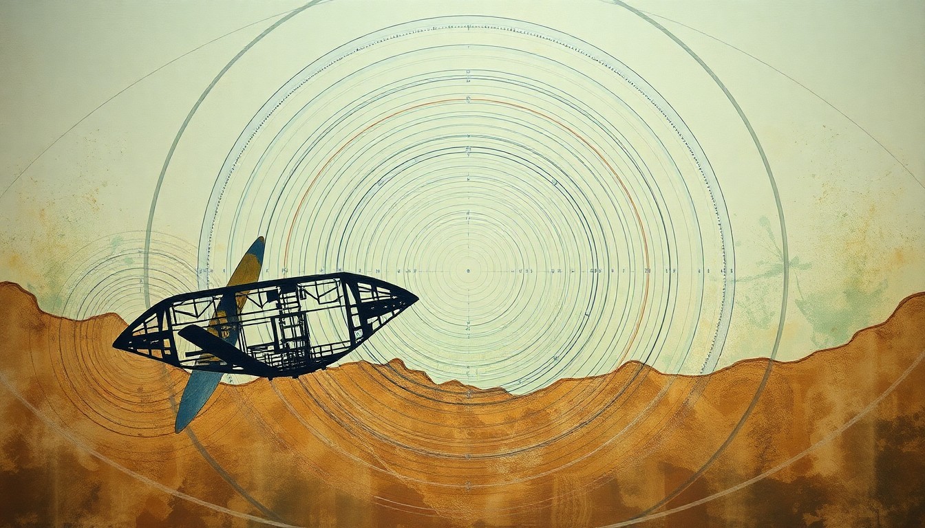 A bold, abstract painting in soft earth tones depicting the geometric shapes and intersecting forms of a sunken World War II aircraft wreckage on the ocean floor, conveying the structural complexity and historical significance of the underwater discovery.