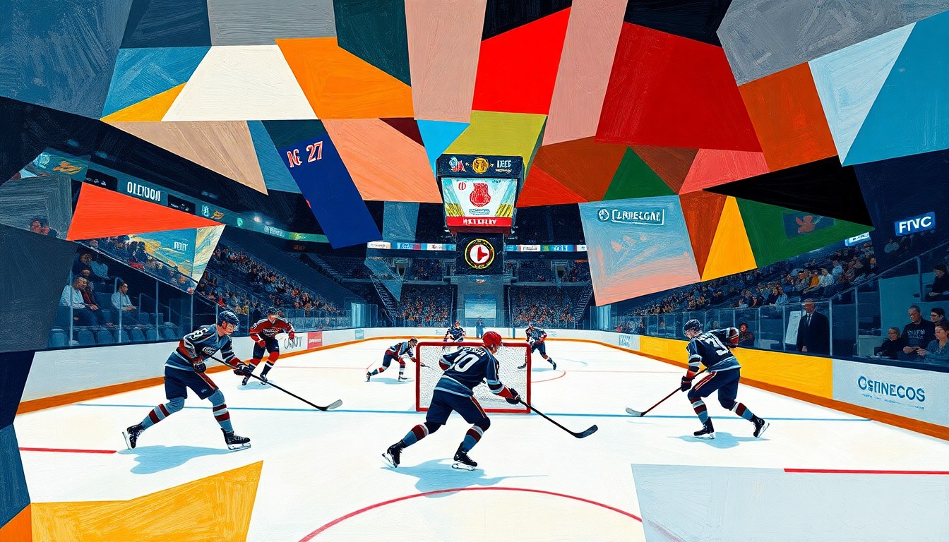 A cubist-style painting depicting a hockey game or match, with the players and arena broken down into abstract geometric shapes and planes of color, conveying the dynamic energy of the sport.
