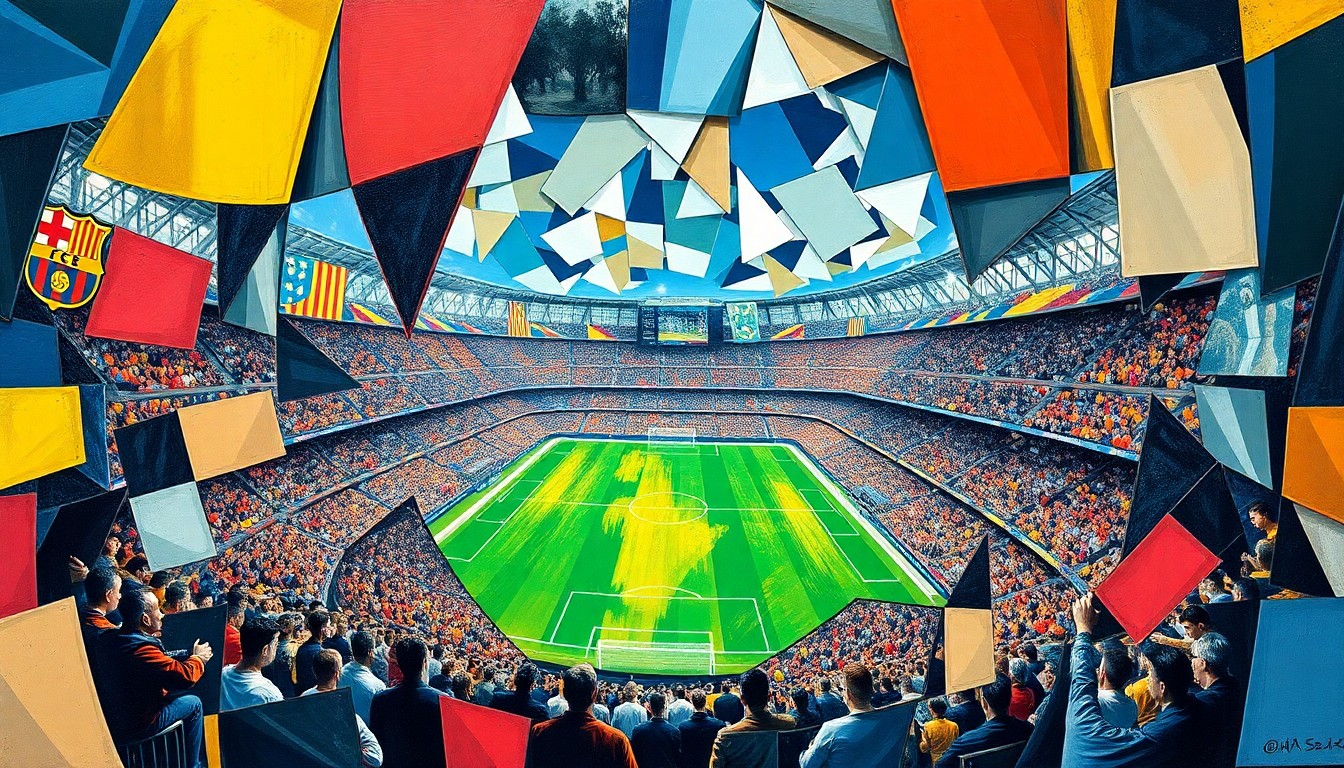 A cubist-style painting depicting a soccer match between Barcelona and Atlético Madrid, with the players and field broken down into sharp, overlapping geometric shapes and planes, reflecting the fractured nature of the game's pivotal moments.