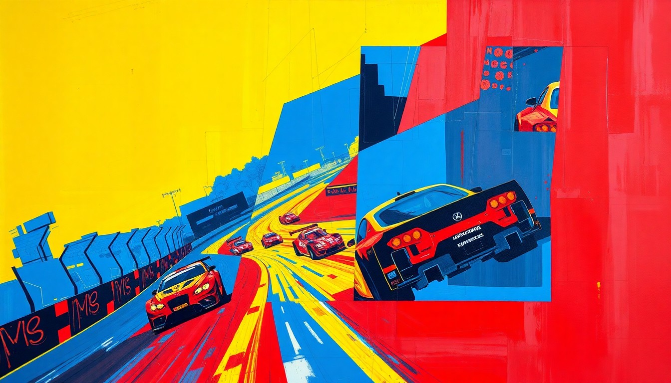 A cubist, geometric painting depicting the Nürburgring 24 Hours race in a fractured, multi-perspective style, using bold colors to capture the energy and excitement of the event.