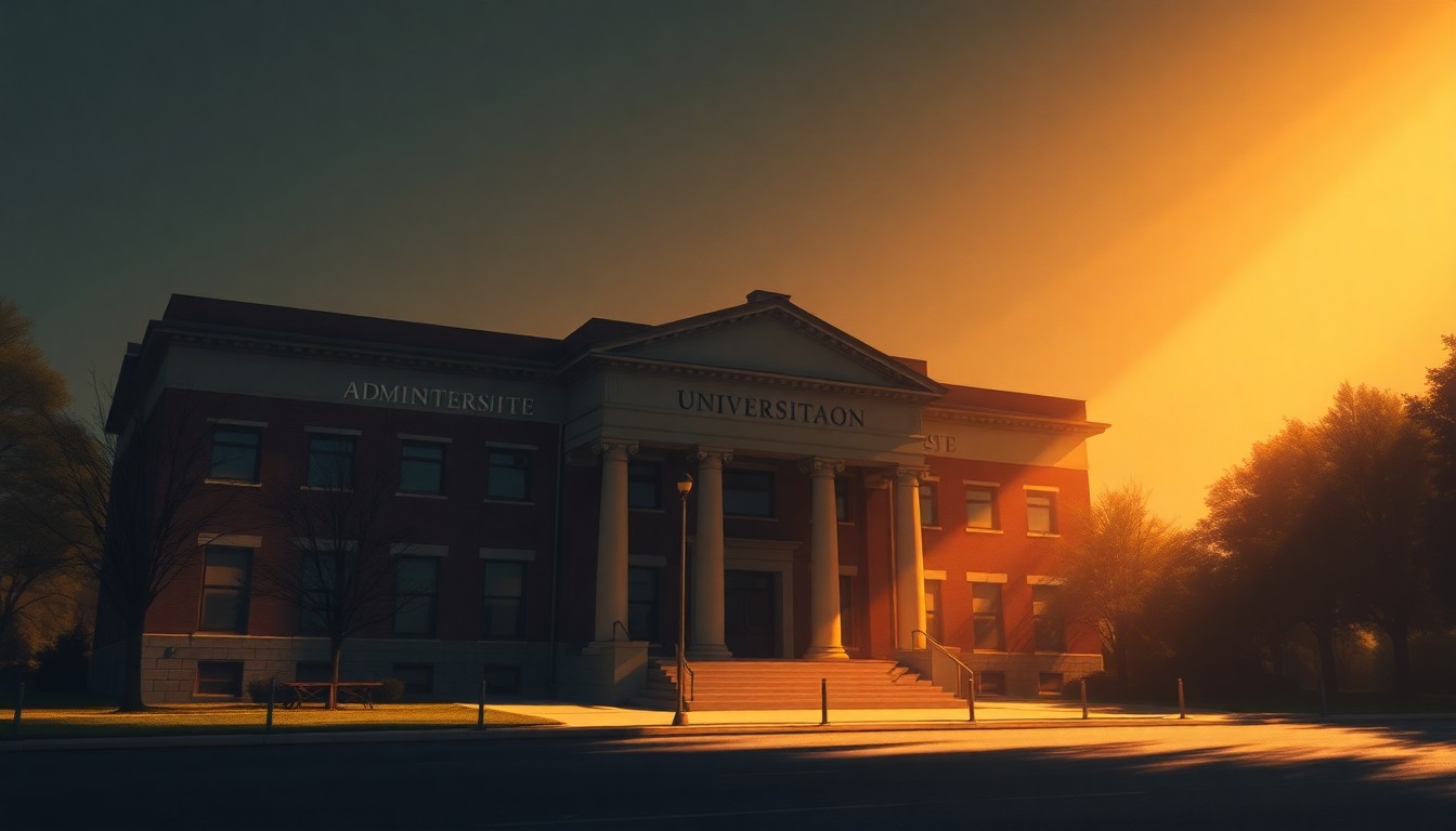 A serene, cinematic painting of a university administration building in warm, golden light, conveying a sense of uncertainty and transition surrounding the leadership crisis.