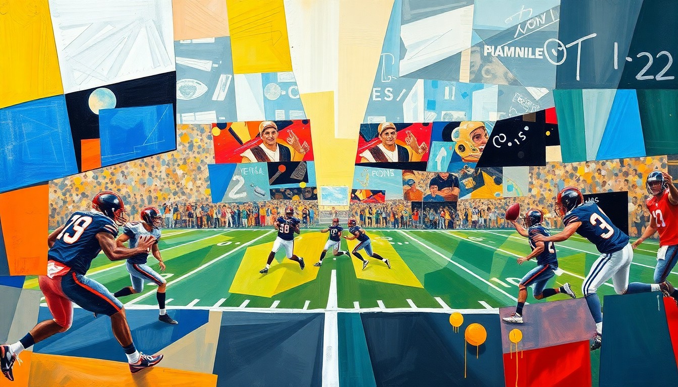 A cubist-style painting depicting a football game broken down into sharp, overlapping geometric shapes and planes of color, capturing the strategic complexity of a potential trade between the Bengals and Cowboys.