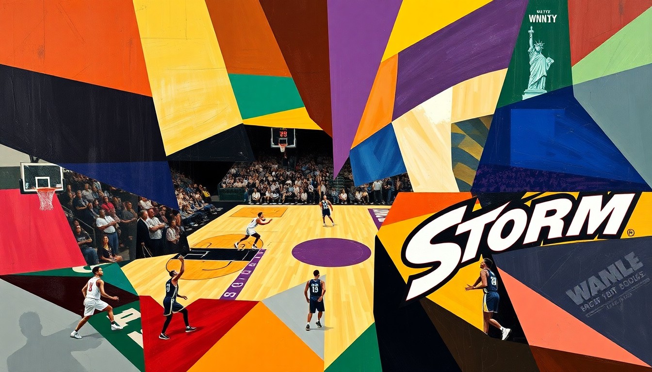 A cubist, geometric painting depicting a WNBA basketball game, with the court and players broken down into sharp, overlapping planes of color representing the league's rich history and dynamic present.