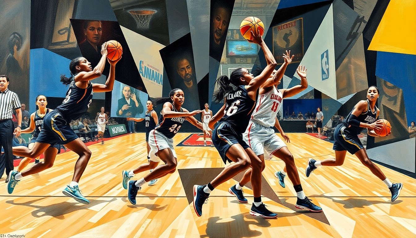 A fractured, cubist-style painting depicting the dynamic movement and energy of a WNBA basketball game, with the players' forms deconstructed into sharp, overlapping geometric planes.
