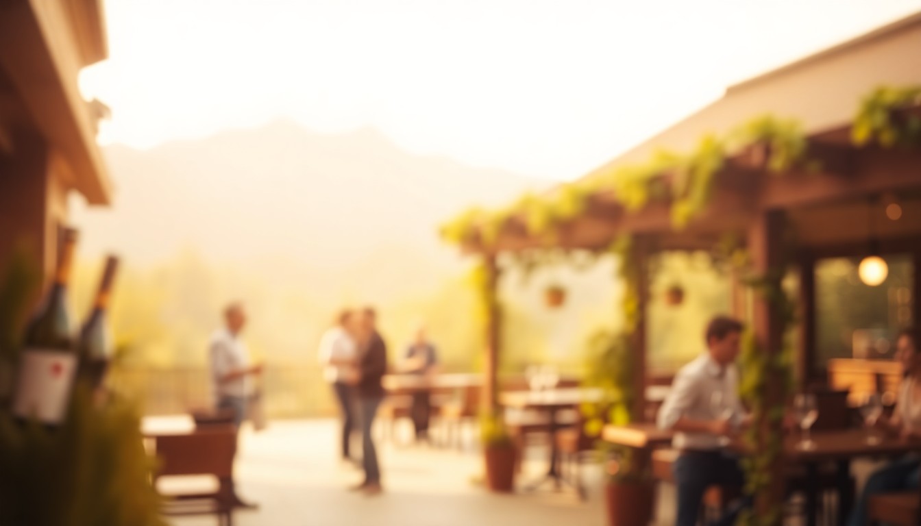 A dreamy, impressionistic photograph in soft, warm tones depicting a blurred scene of a winery patio or tasting room, with hints of wine glasses, vines, and people enjoying the space, conveying the welcoming atmosphere of the Dirty Laundry Winery.