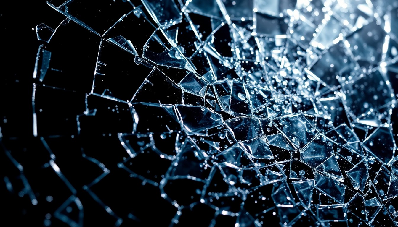 An extreme close-up photograph of a shattered glass surface, with dramatic high-contrast lighting creating a glitzy, high-fashion aesthetic. The image focuses on the intricate, abstract patterns and textures of the broken glass, evoking a sense of drama and intensity.