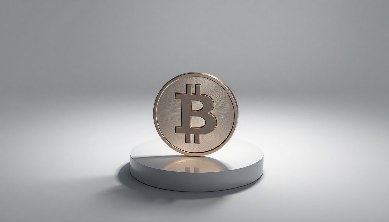 A close-up, photorealistic image of a polished, metallic cryptocurrency token floating on a clean, monochromatic background, symbolizing the abstract concepts of digital finance and blockchain technology.