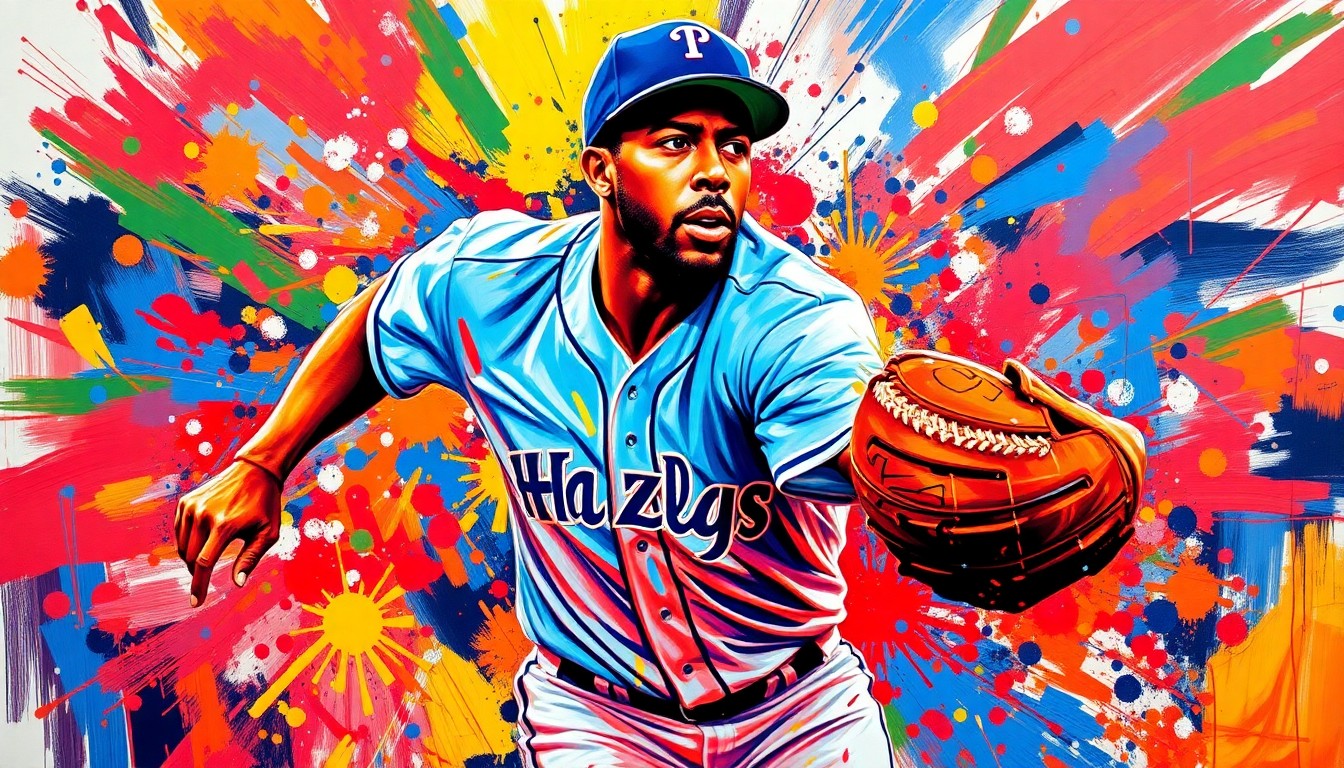 An abstract, expressionist painting in vibrant neon colors depicts the explosive athletic movements and energy of a baseball player, with his features and uniform details blurred into dynamic brushstrokes.