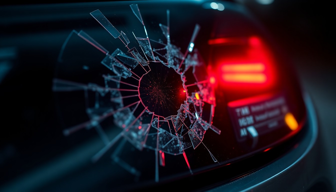 An extreme close-up of a shattered car sensor lens reflecting a faint red light, conceptually illustrating the vandalism of self-driving cars.
