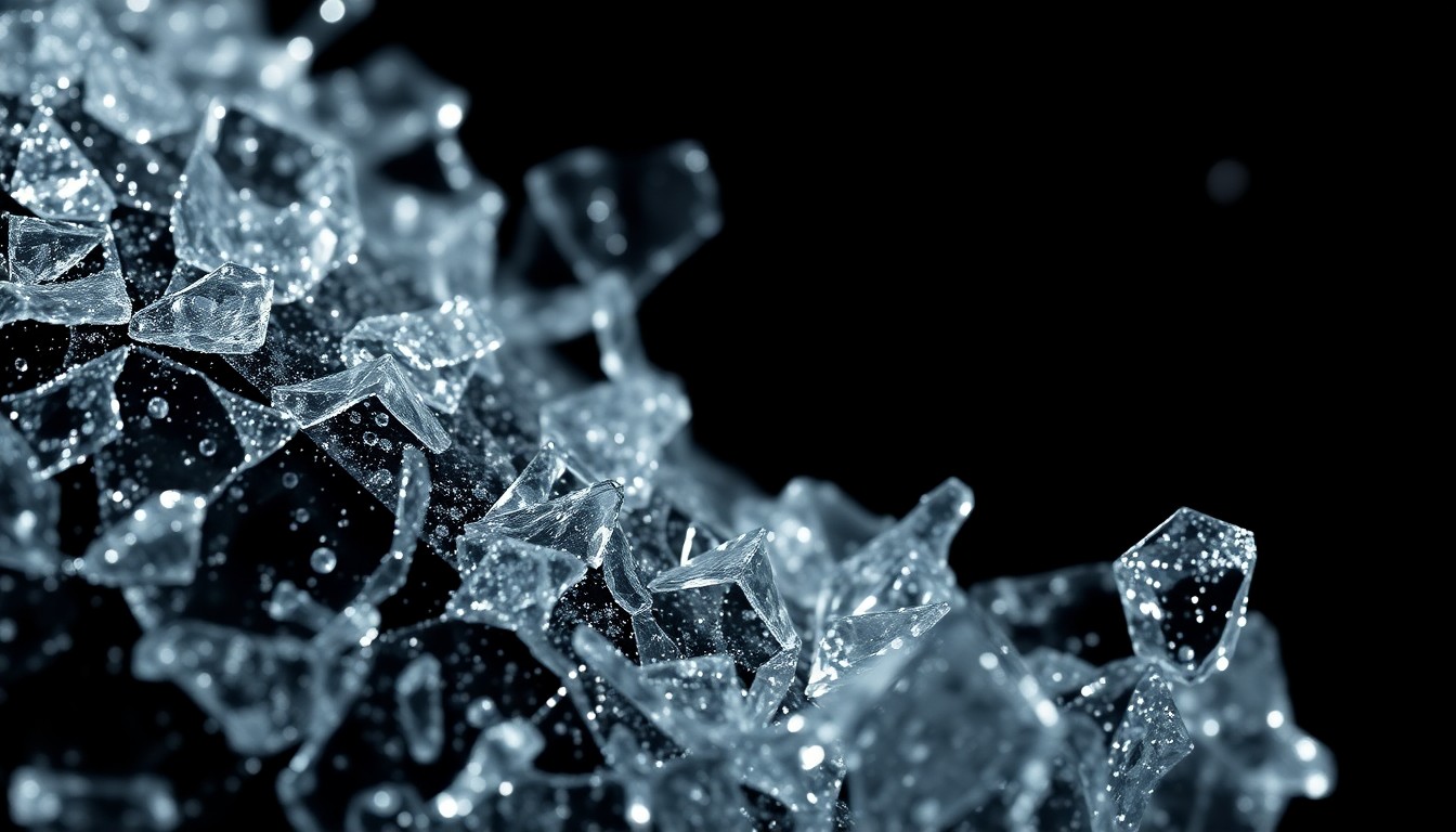 An extreme close-up of shattered, glittering glass textures illuminated by dramatic studio lighting, conveying the abstract, high-fashion aesthetic of the Croz Boyce project.