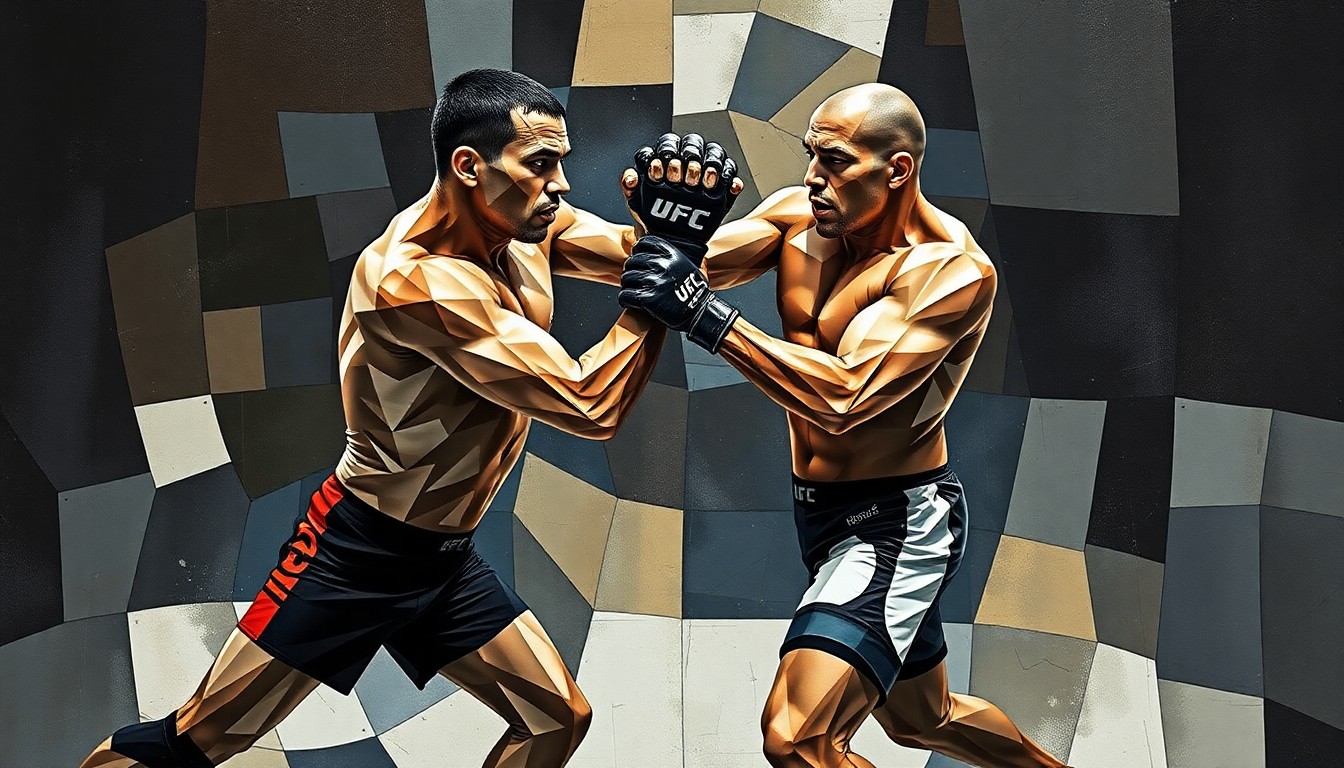 A fragmented, geometric painting depicting two UFC fighters engaged in a grappling exchange, with their bodies and movements deconstructed into sharp, overlapping planes of color and form, conceptually representing the strategic battle for control and position that defined their fight.