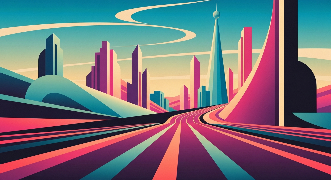 A highly stylized, geometric illustration featuring sweeping architectural forms and gradients in shades of blue, gray, and silver, conceptually representing the hidden fees and misleading exchange rates of dynamic currency conversion when using financial services while traveling.