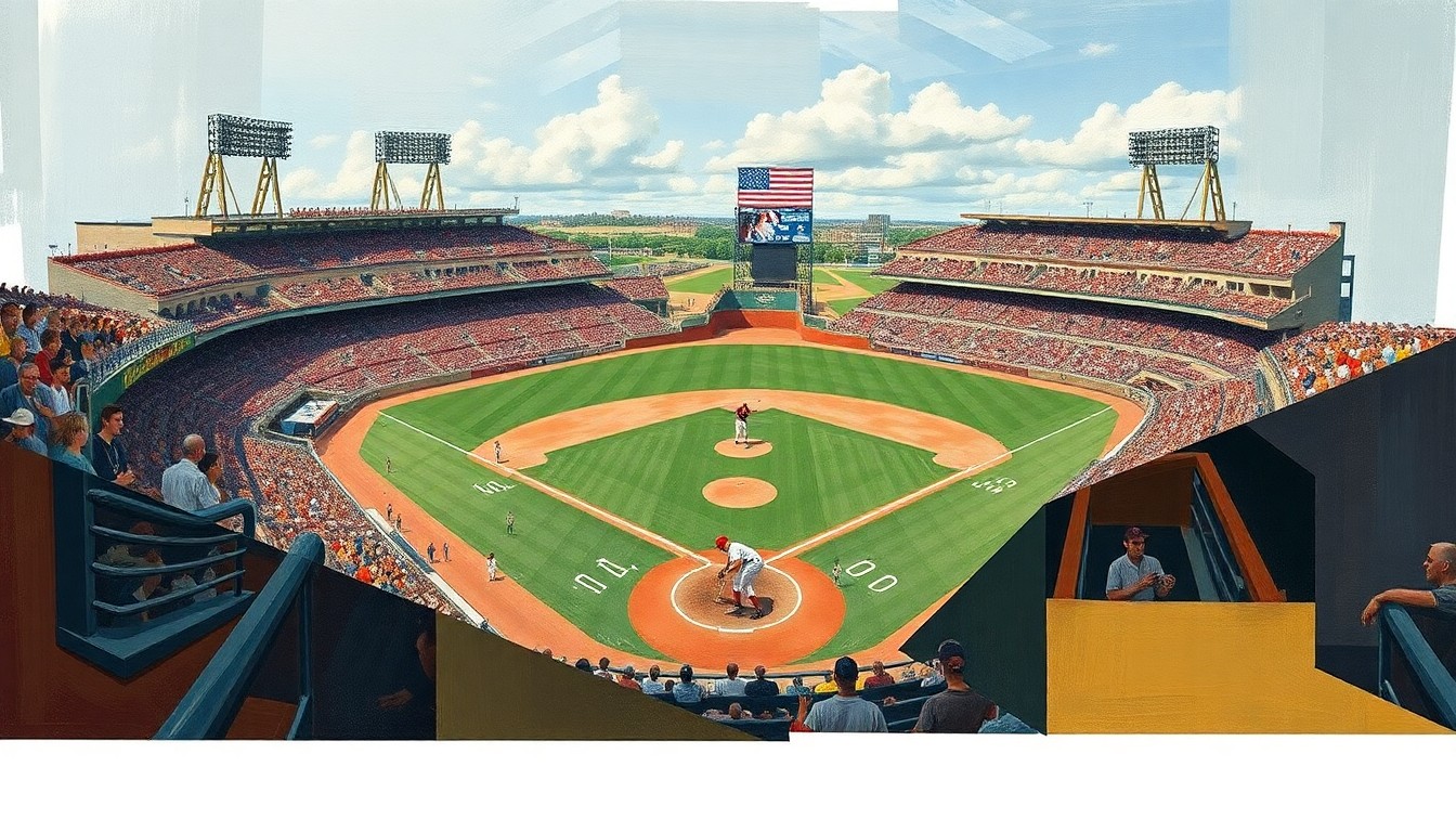 A cubist-style painting featuring overlapping geometric shapes and planes in shades of green, blue, and orange, conceptually representing the action and energy of a college baseball game.