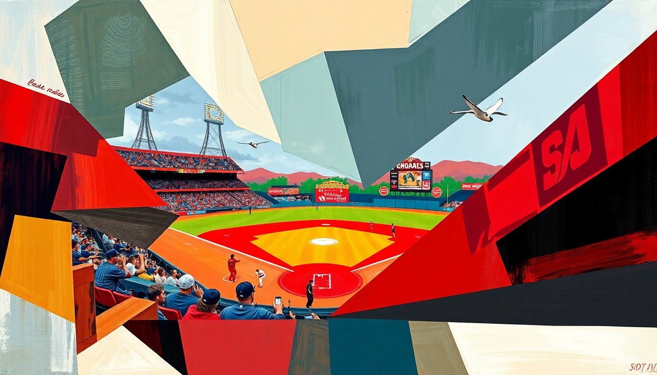 A fractured, multi-perspective painting in the style of Pablo Picasso, breaking down a baseball game or training session into sharp, overlapping geometric planes of red, sand, and black, conceptually representing the diverse talents and potential of the Diamondbacks' young prospects.