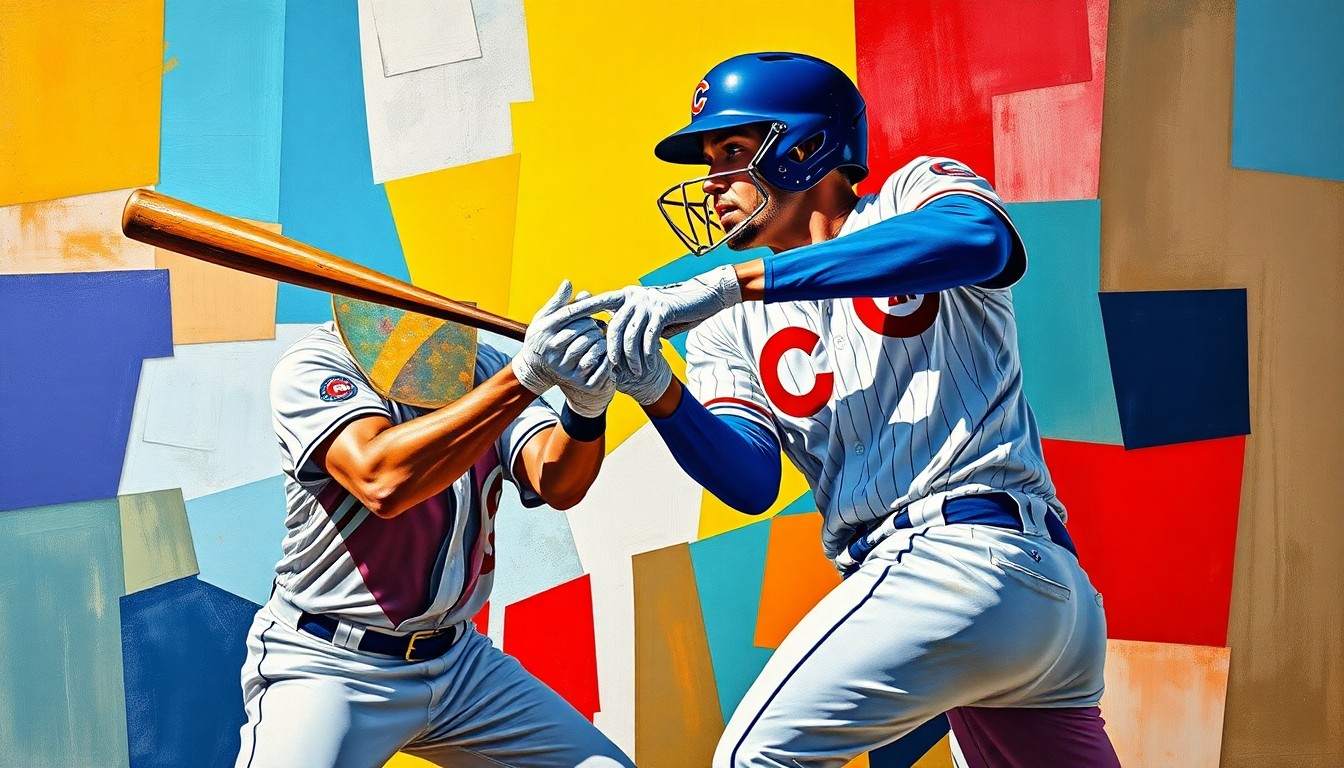 A heavily fragmented, geometric painting in bold colors representing a baseball catcher taking a hit, conveying the sport's blend of physical risk and cultural levity.