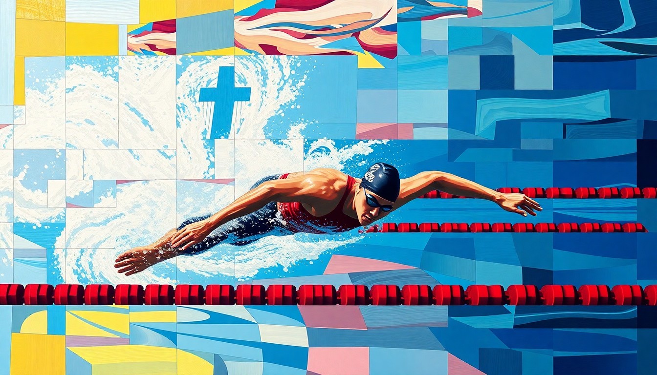A cubist-style painting depicting a swimming competition or training session, with sharp, overlapping geometric shapes in the official team colors of Ohio State and Indiana, conveying the dynamic energy and transition in Mariah Denigan's career.