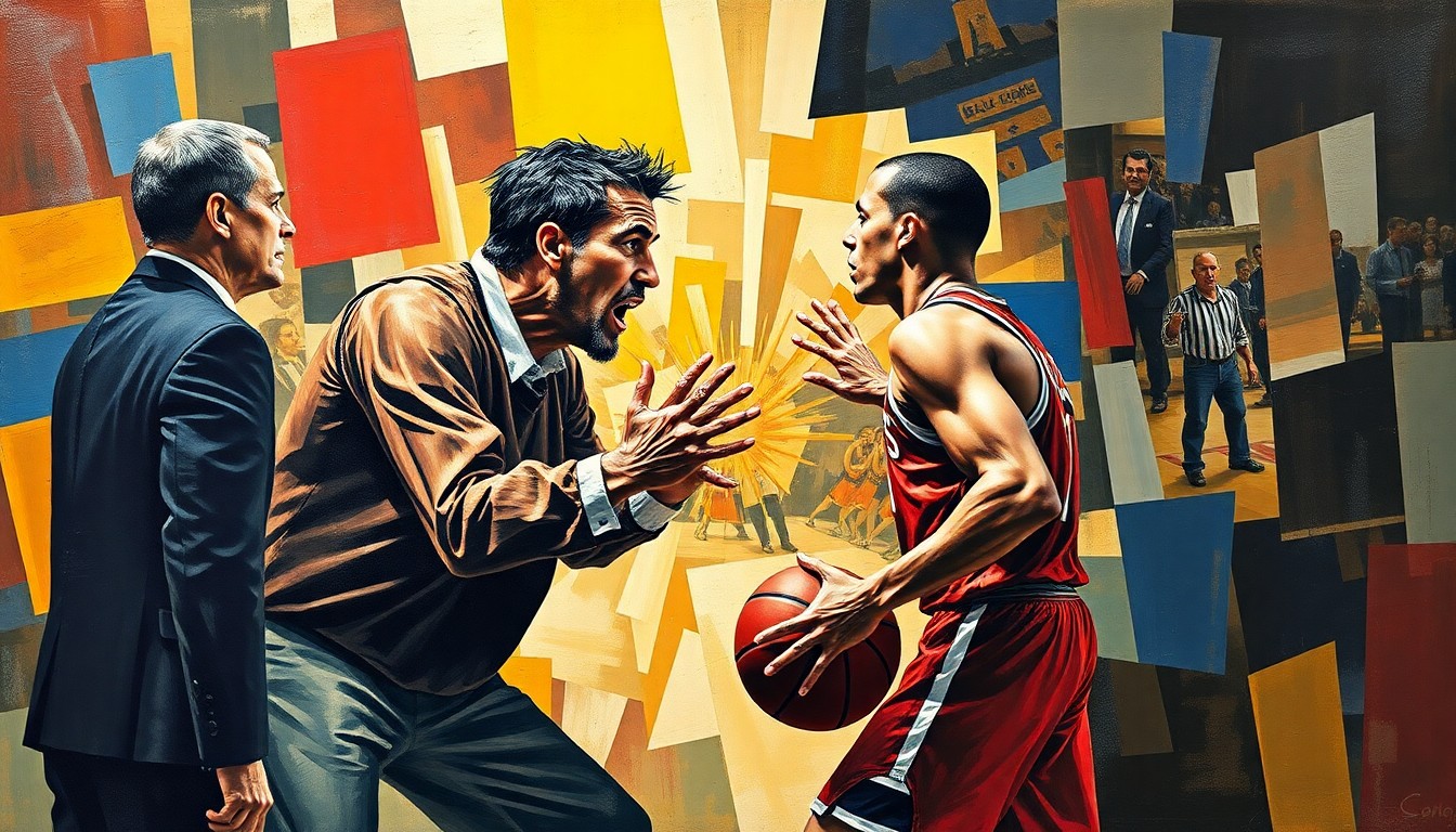 A cubist, geometric painting depicting a heated confrontation between a basketball coach and player, with their figures broken down into sharp, overlapping planes of color and form.