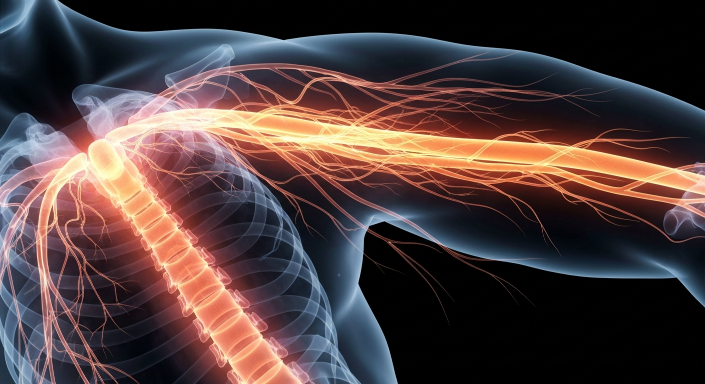 A ghostly, translucent X-ray photograph showing the human nervous system, with glowing nerves and spinal cord against a dark background, conceptually representing the internal damage and pain caused by shingles.