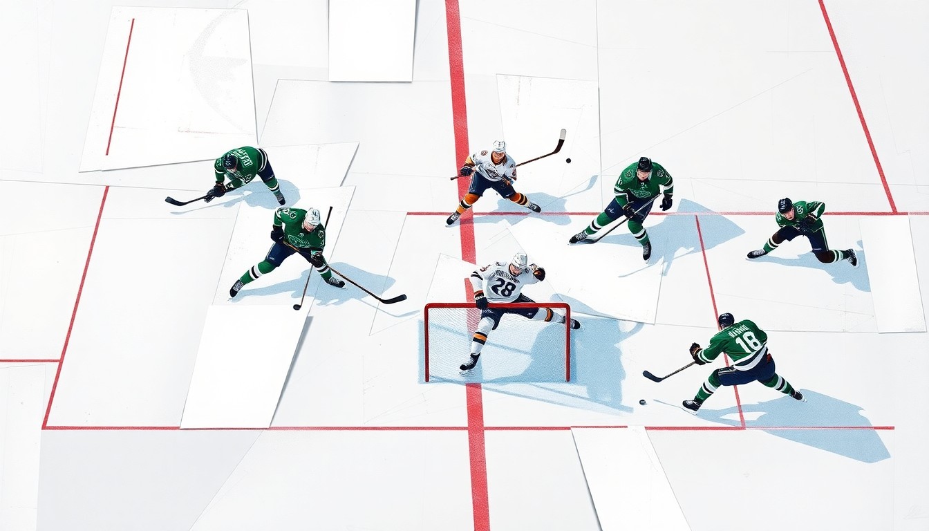 A cubist, geometric painting depicting the chaotic action of Kirill Kaprizov scoring a power play goal, with fragmented shapes and planes representing the players, puck, and ice surface.