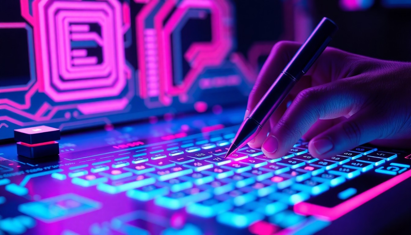 A highly detailed, glowing 3D illustration of a futuristic digital writing interface, with neon cyan and magenta lights illuminating the various components. The image conveys the intersection of technology and creativity, representing the AI-assisted writing process described in the story.